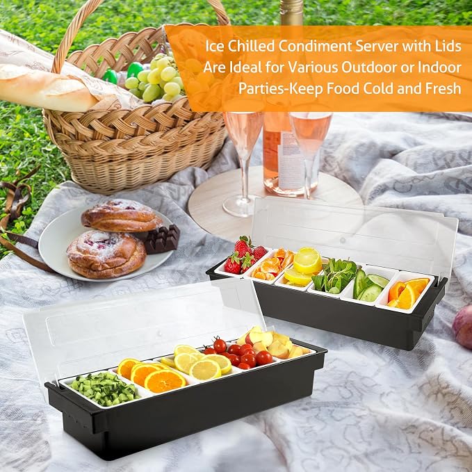 WICHEMI Ice Chilled Condiment Caddy with 5 Removable Trays and Lids | Condiment Container, Taco Bar Serving Tray, Fruit & Garnish Trays Serving Platter for Salad, Party Supplies & Bar Accessories - Image 6