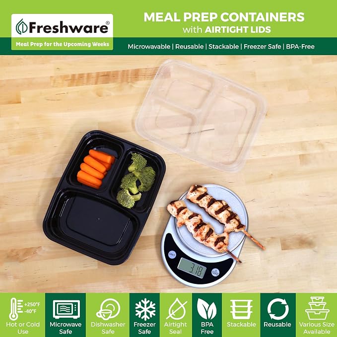 Freshware Meal Prep Containers [150 Pack] 3 Compartment with Lids, Food Storage Containers, Bento Box, BPA Free, Stackable, Microwave/Dishwasher/Freezer Safe (24 oz) - Image 2