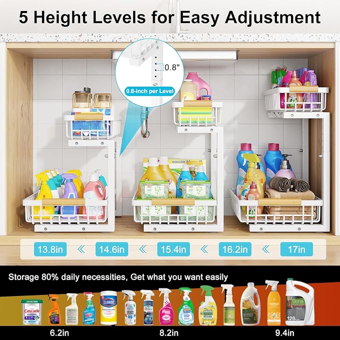 2 Pack Under Sink Organizer, Pull Out Cabinet Organizers, Adjustable Height 2-Tier Metal Slide Out Shelf for Bathroom Under Counter Storage, Kitchen Pantry Laundry Organization Rack, White - Image 6