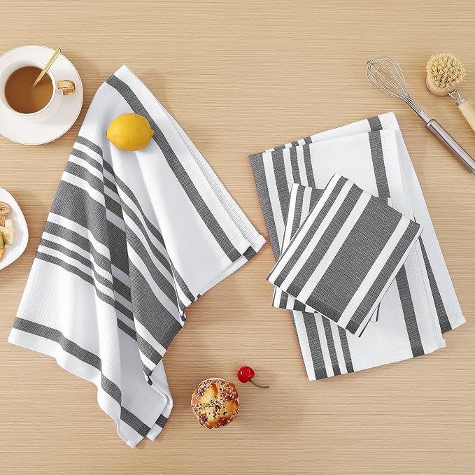 Homaxy Premium Cotton Stripe Kitchen Towels 8 Pack, 18"x 28", Black | Large 380 GSM Kitchen Hand Towels, Soft Terry Dish Towels, Highly Absorbent Tea Towel Set with Hanging Loop - Image 6