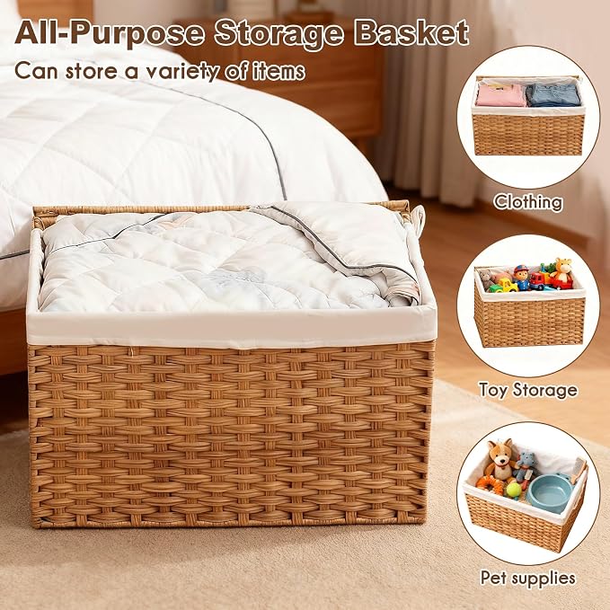 Storage Basket with Lid: Rattan Woven Storage Basket with 2 Separate Lids, 17.2 Gallon (65L), 22 x 13 x 13.8 Inches, Foldable, with 2 Removable Liner Bags & Handles, for Bedroom, Laundry Room, Natural - Image 6