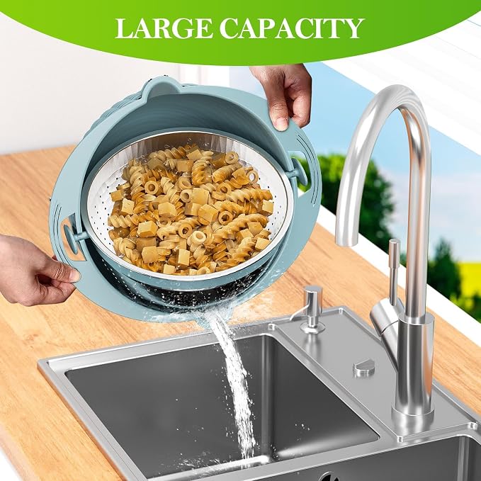4 in 1 Kitchen Colander with Mixing Bowl Set Rotatable Multi-functional Food Strainer and Basket Colander Fruit Vegetable Grater Rice Strainer Salad Spinner Slicer Washing Bowl - Image 6