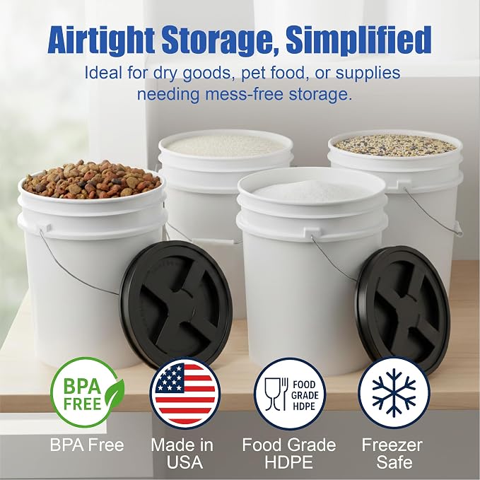 5 Gallon Bucket - Food Grade w/Lid BPA-Free, White/Black, 3 | Airtight Gamma Seal Screw-On Lid, Heavy-Duty 90 Mil HDPE Plastic, Food Safe and Durable Container, Bulk Storage, Made in USA - Image 2