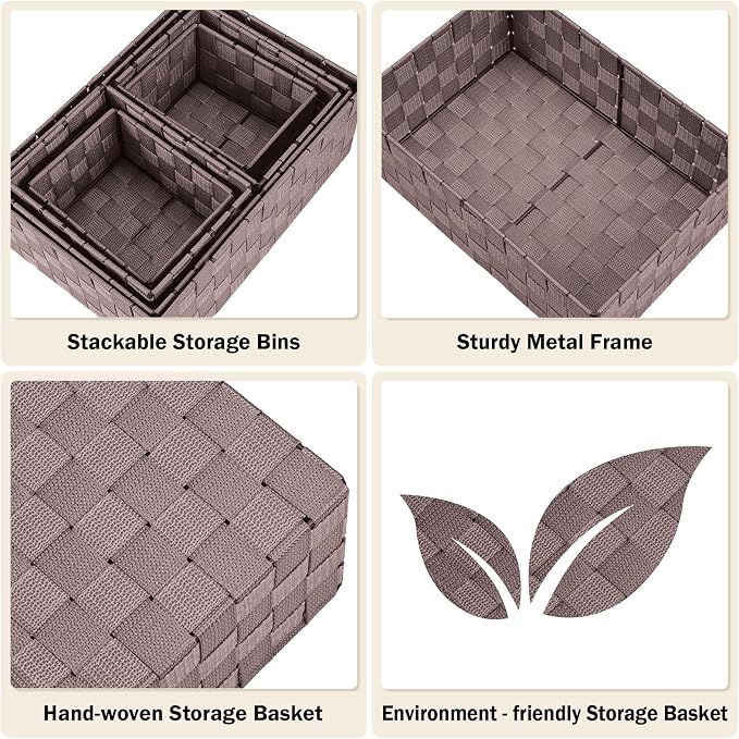 Storage Baskets with Lids: 6 Pack Stackable Woven Storage Bins, Brown | Decorative Woven Baskets for Organizing with Built-In Handles for Shelves, Closets, Cabinets and Cubbies, Gift Small Basket - Image 4