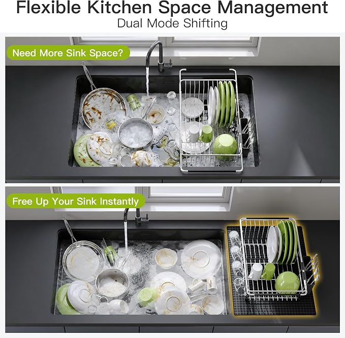 JASIWAY in Sink Dish Drying Rack with Mat, Cups and Utensil Holder | Use Over the Sink or Counter, Stainless Steel Expandable Dish Drainer for Small Kitchen, Space Saving, Fast Drain, Rustproof - Image 4