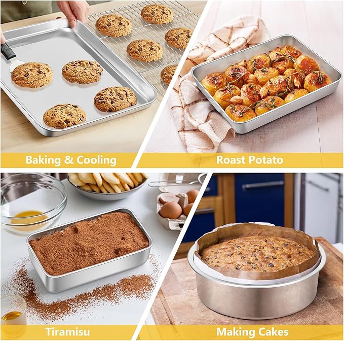 P&P CHEF 9 PCS Baking Pans Sheets, Stainless Steel Bakeware Set for Cooking | Including Toaster Oven Pan/Cooling Rack/Lasagna Pan/Round Cake Pans/Muffin/Loaf/Pizza Pan, Healthy & Dishwasher Safe - Image 5