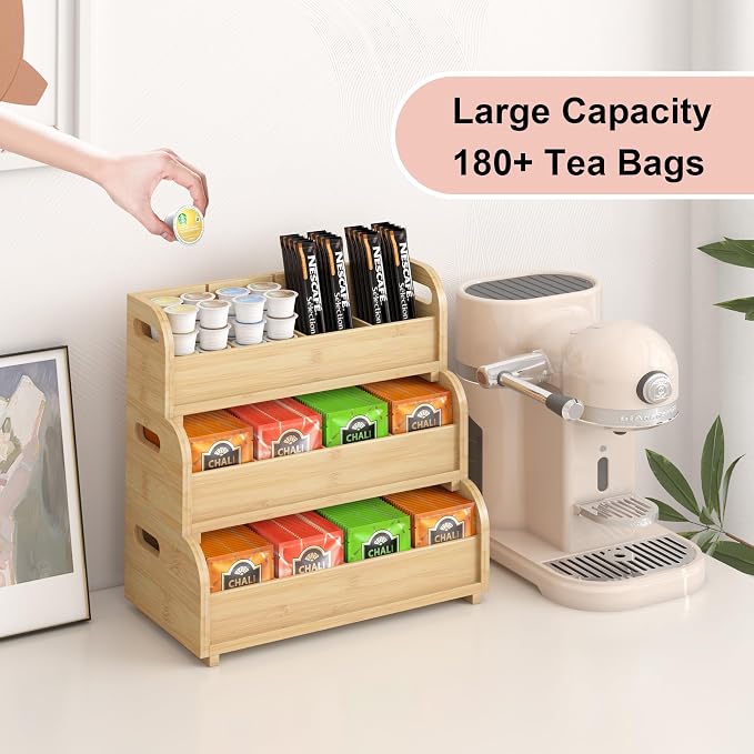 3-Tier Bamboo Tea Bag Organizer, Stackable Tea Holder for Countertop | Tea Box Rack with Removable Dividers, Wall Mount Large Capacity for Pantry Drawer Cabinet Kitchen Office Coffee Station - Image 5