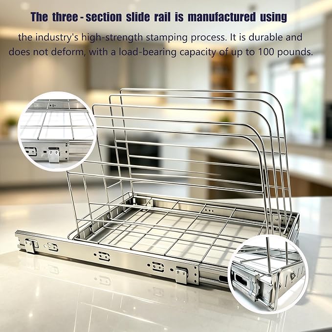 Pull Out Baking Pan Organizer for Cabinet, Cookie Sheet, Cutting Board, Tray Organizer for Cabinet, Adjustable, 22.5"D x11"H x 13"W, Pull/Slide Out Organizer-Heavy Duty, Chrome steel, 50-Year Warranty - Image 3