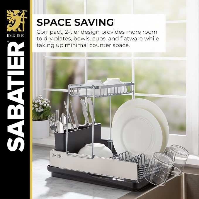 Sabatier Compact 2-Tier Dish Drying Rack with Flatware Caddy and Knife Insert - Stainless Steel Dish Rack for Kitchen Counter, Space-Saving Drainer with Drainboard Spout - Image 2