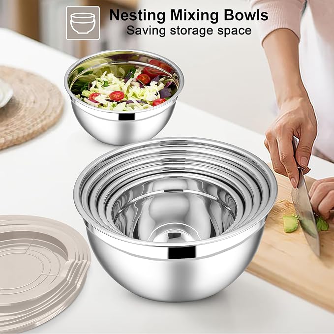 E-far Mixing Bowls with Lids Set, 7-Piece Stainless Steel Metal Mixing Bowls with Grater Attachments, Size 4.6, 3.5, 2.6, 2, 1.5, 1, 0.7QT, Nesting Design & Khaki Airtight Lids, For Cooking/Serving - Image 3