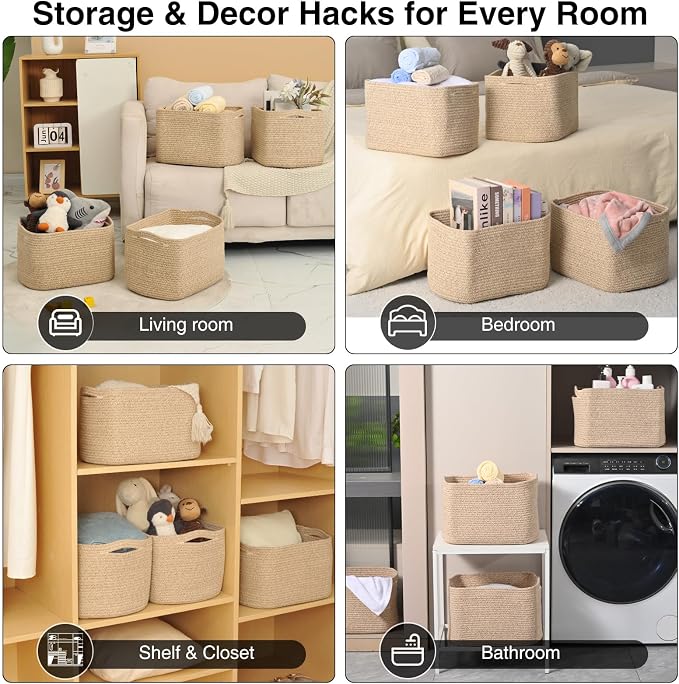 ICERZCZ Woven Cotton Rope Storage Baskets for Organizing & Shelves, Organization Bins for Dog Toys, Clothes, Books, Nursery Organizer, 15"x11"x9", Mixed Brown (4 Packs) - Image 4