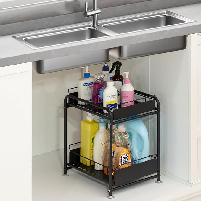 Under Sink Organizer Sliding Wire Baskets Adjustable 2-Tier Metal Storage Rack for Bathroom Kitchen or Utility Cabinets Pull-Out Shelf for Cleaning Supplies & Pantry Essentials, Set of 2 - Image 8