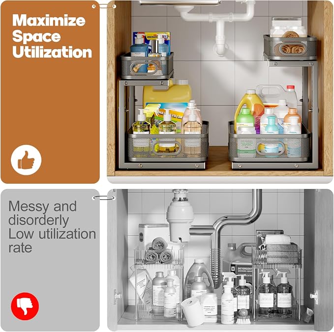 2 Pack 15.7IN-Depth Under Sink Organizer With Smooth Cylindrical Rail,2-Tier Pull Out Multi-Purpose Cabinet Storage for Bathroom&Kitchen,Height Adjustable,Rust-resistant Coating-Gun Gray - Image 5