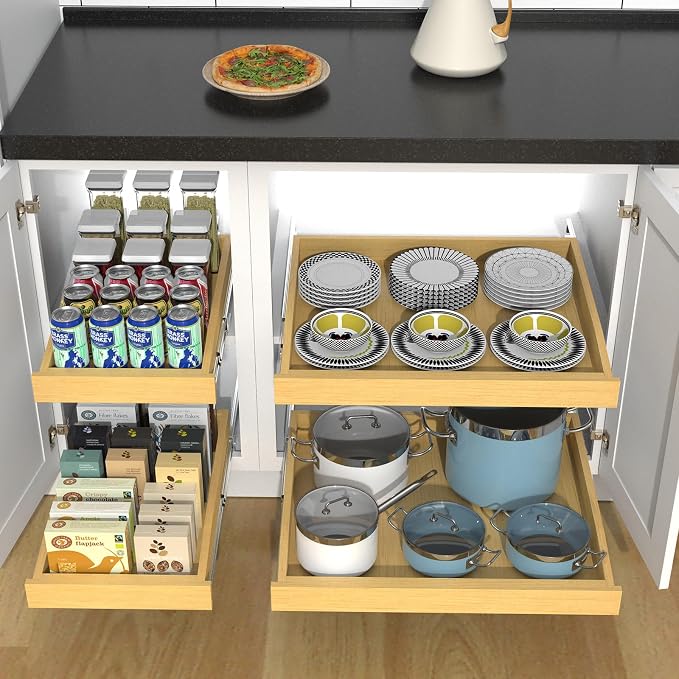 Wooden Pull out Cabinet Organizer 14" W x 21" D x 3.35" H, Heavy Duty Slide Out Drawers Pull-Out Home Organizers for Kitchen Cabinets - Image 5