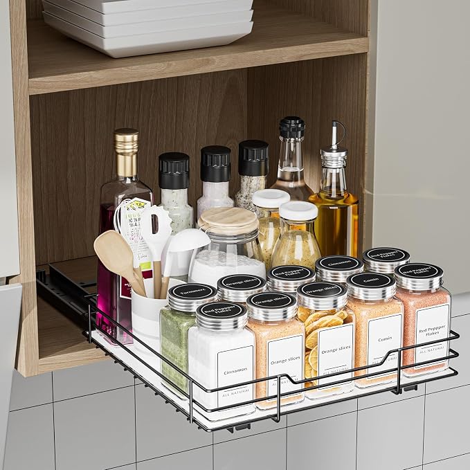 BOIVSHI Pull Out Spice Rack, Slide Out Spice Rack for Cabinet, Spice Organizer for Kitchen and Pantry, Fits Spices, Sauces, Canned Food (10.5''Wx10.5''Dx2.5''H) - Image 2