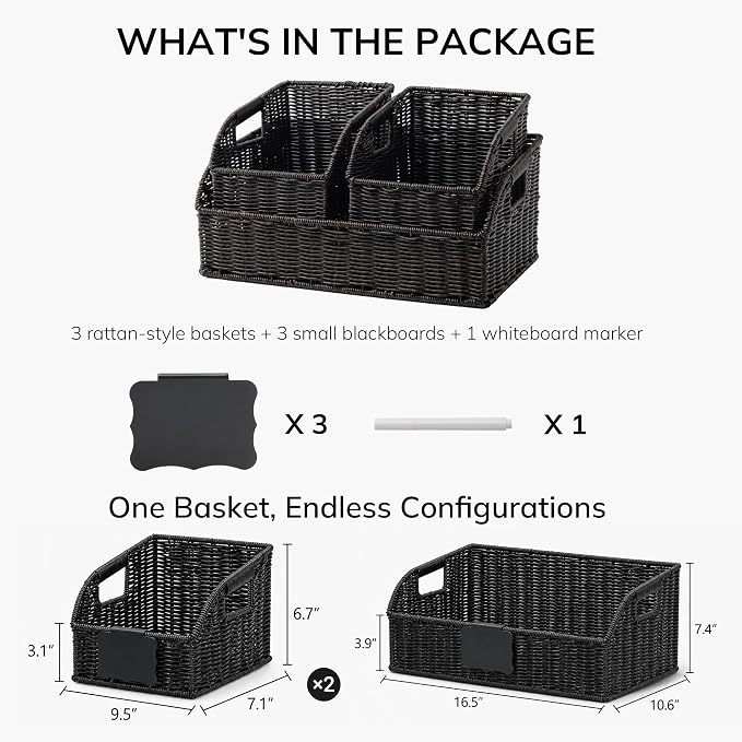Brownlily Faux Wicker Pantry Storage Baskets, Black-Single Set (3-Piece) | Handwoven Baskets for Organizing with Built-in Handles, All-Purpose Storage Baskets with Chalkboard for Shelves,Laundry Room - Image 2