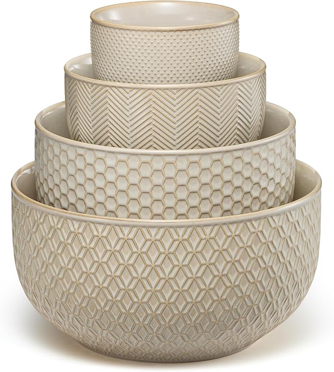 KooK Ceramic Mixing Bowls, Nesting Set of 4, Embossed Kitchen Dishware, Prep, Serving, Gift, Microwave and Dishwasher Safe, 20/44/98/145 oz, Narbonne Collection (Almond) by Kook