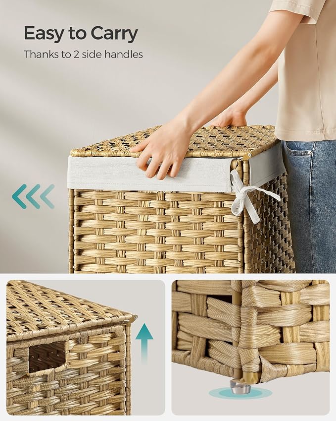 SONGMICS Storage Basket with Lid, Woven Blanket Storage Bin with Handles, Foldable, Removable Liner, Metal Frame, for Bedroom, Laundry Room, 27.7 Gallons (105 L), Natural URST066N01 - Image 6