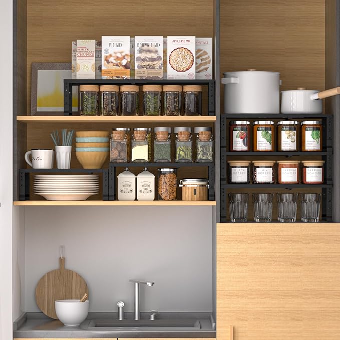 Expandable,Adjustable & Stackable Spice Rack, Cabinet Kitchen Countertop Shelf Organizer,Metal Pantry Storage Shelves - Space-Saving Storage Solution(1Pack/Black/Medium) - Image 5