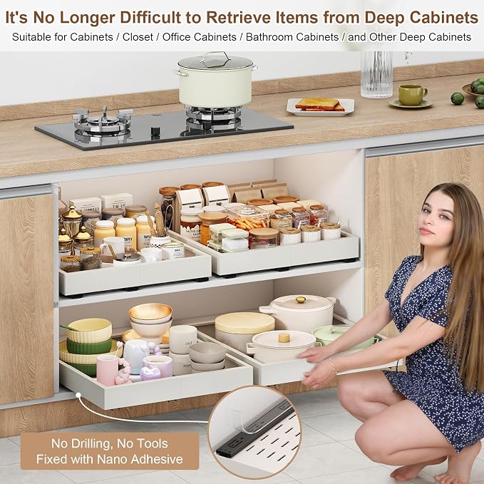 Fokyfok 2Pc Pull out Cabinet Organizer,11"-16"W,13"-17"D,Expandable | No Drill,Adjustable,Roll out Drawers,Adhesive Sliding Drawers,Slide out Shelves for Cabinets Without Lip,Kitchen,Pantry,White - Image 6