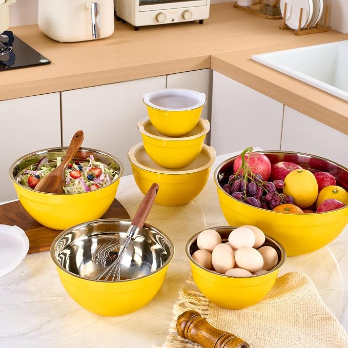 Yellow Mixing Bowls with Lids Set of 7, Stainless Steel Nesting Bowl with Khaki Lid for Non-slip Mixing Prepping Storing Serving, 7 Sizes-7/3.6/2.7/2.1/1.5/1/0.8 QT - Image 8