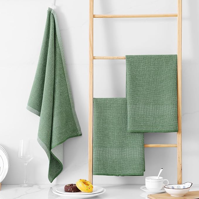 Homaxy 380 GSM Cotton Premium Kitchen Towels 12 Pack, 18"x 28", Grass Green | Flat and Terry Dish Towels, Highly Absorbent Tea Towel Set with Hanging Loop, Soft Utility Kitchen Hand Towels - Image 6