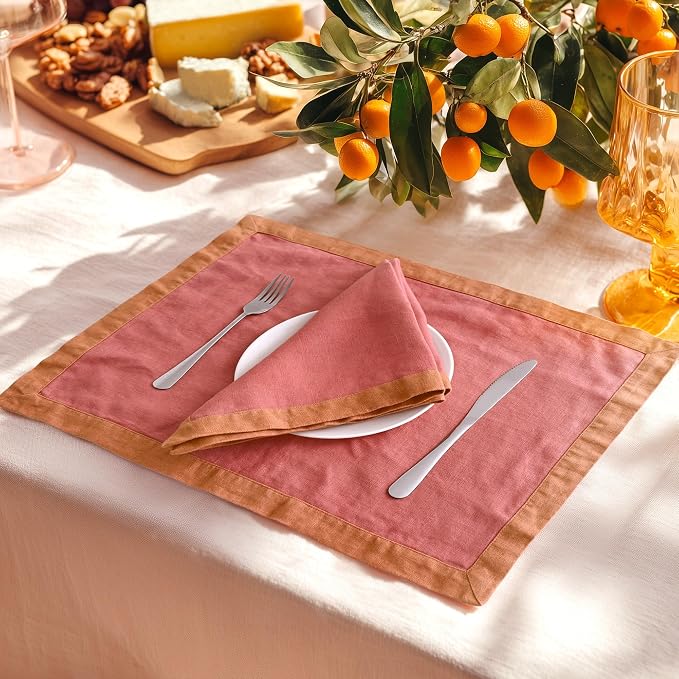 Linen World 100% French Linen Placemats Set of 4,21 x 15 Inch Double Layer Table Mats,Washable Heavyweight Placemats for Holiday Dining Kitchen Decor,Clay Red with Hazelnut Contrast Border - Image 7