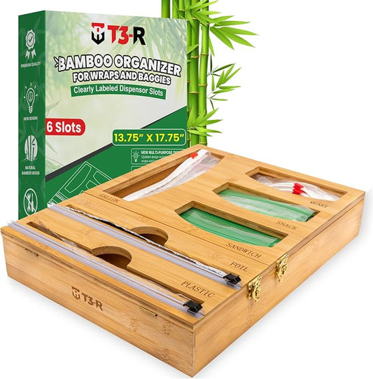 T3-R Bamboo Wrap Organizer - 6-in-1 Dispenser with Cutter for Sandwich Bags, Aluminum Foil, Wax Paper and Plastic Wrap by T3-RLLC