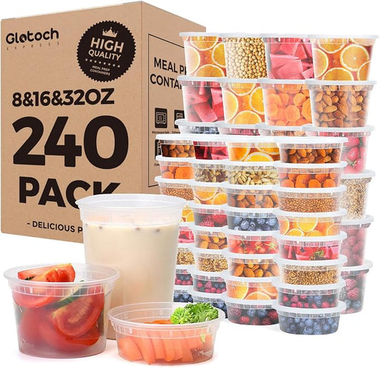 Glotoch Express Variety Pack 8oz, 16oz & 32oz Containers with Lids, BPA-Free Plastic Deli Food Storage, Stackable, Microwave/Freezer/Dishwasher Safe, 240 Pack by GlotochExpress