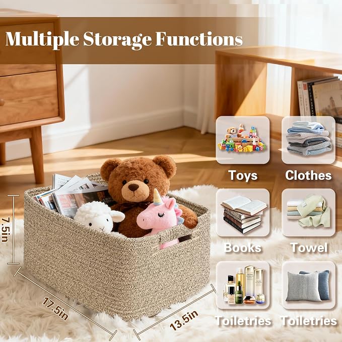 2 Pack Large Storage Basket for Organizing, 17.5"x13"x7" Woven Basket for Shelves, Closet Cube Storage Bins with Wrapped Handle, Cotton Rope Baskets for Kitchen, Clothes, Toys (Natural) - Image 2