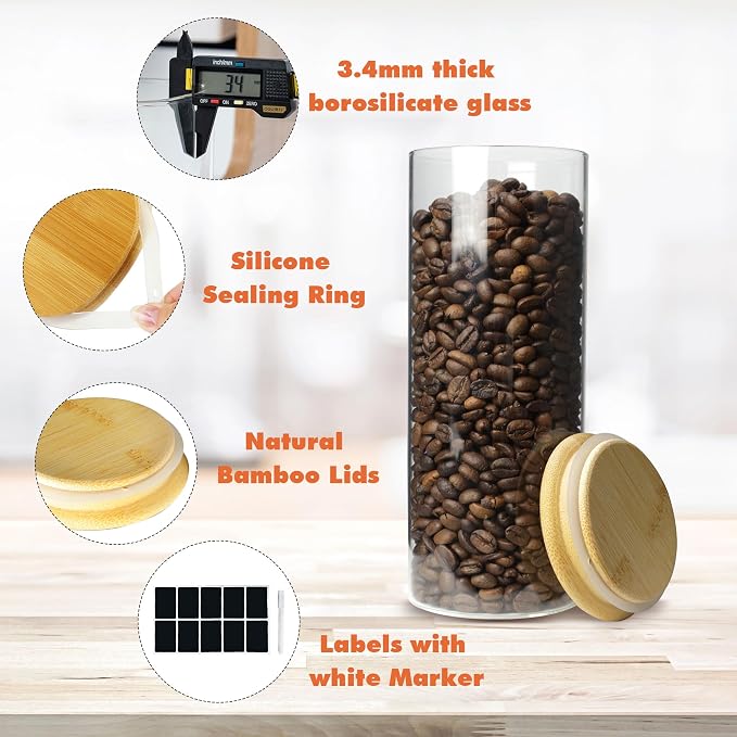 Glass Storage Containers with Airtight Bamboo Lids,Round Glass Jars Pantry Organizers,Perfect for Kitchen Organization - Flour, Rice, Pasta, Sugar, Coffee Beans, Accessories Included (43oz*6) - Image 4