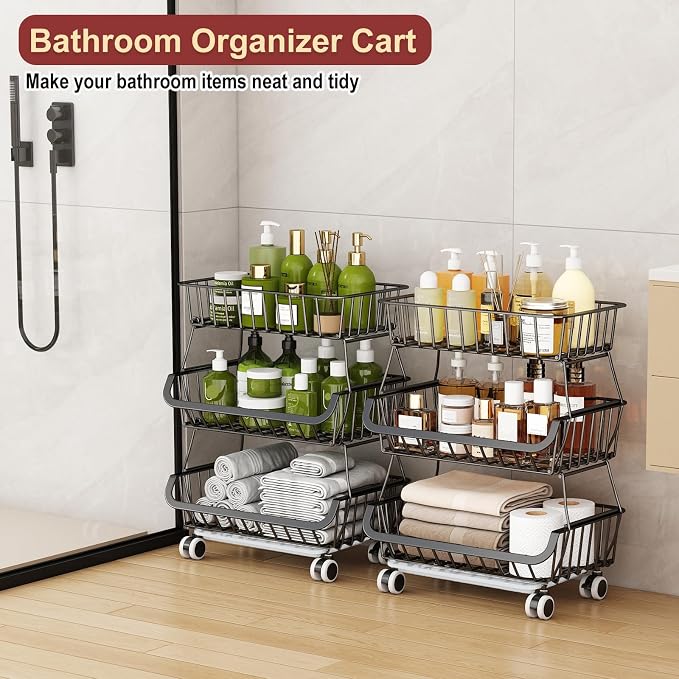 3-Tier Rolling Pantry Cart with Wheels, Stackable Wire Storage Floor Organizer for Kitchen Pantry Snack Shelves, Fruit Basket Stand, Vegetable Storage Rack for Food Snacks Onion Potato - Image 8