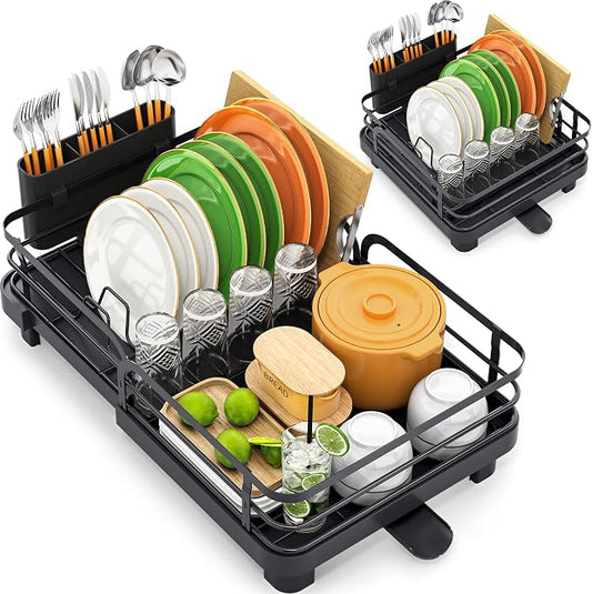 TOOLF Expandable Dish Drying Rack for Kitchen Counter, Black | Stainless Steel Dish Drainer with Drainboard Set & Cutlery Holder, Extendable 13.7“-20.5”L, Rust-Proof, Fits for 1-3 People by TOOLF