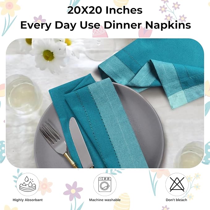 Bedding Craft Cotton Cloth Dinner Napkins Set of 12 – 20x20 Teal Multi Double Hemstitched – Machine Washable Reusable Fabric Napkins for Weddings & Dinner Tables - Image 4