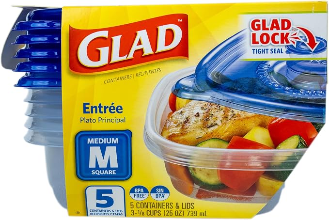Glad GladWare Entree Food Storage Containers, Medium Square, 25 Oz, 5 Count | Lock-tight seal for meal prep and lunches; microwave and dishwasher safe - Image 2
