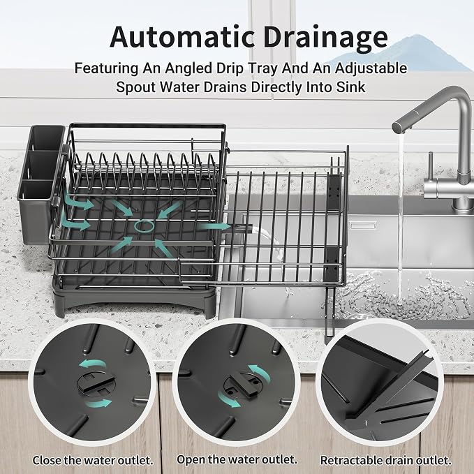 Large Dish Drying Rack - Expandable Dish drainers for Kitchen Counter,Over The Sink Dish Drainer Drying Rack,Rustproof Dish Drainer with Utensil Holder and Drainboard - Image 6
