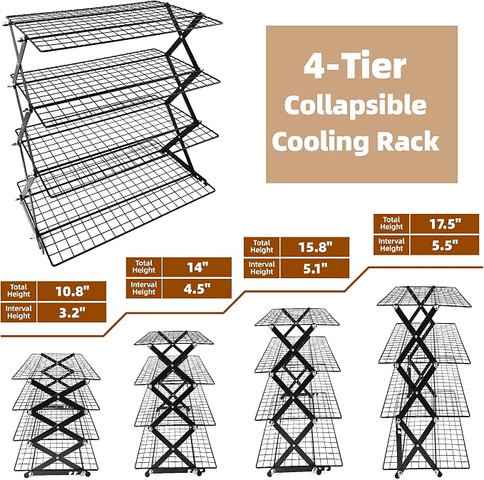 4 Tier Collapsible Cooling Rack Sourdough Cooling Rack 17"x10" | Cooling Racks for Cooking and Baking, Roasting, Grilling, Adjustable 6 Setting Design stackable, Oven & Dishwasher Safe - Image 3
