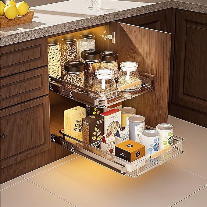 12.3~18.5"x22.5" Pull Out Cabinet Organizer，2Pack Expandable Sliding Cabinet Shelves，Side Mounting - Image 7