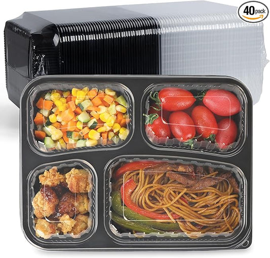 40 Pack 34oz 4-Compartment Bento Box - Shrink-Wrapped No Pre-Wash | Leak-Resistant Takeout Containers | BPA Free Shatterproof Flexible PP | Microwave Safe To Go Box, Bulk Leftover Storage by LEOBOX