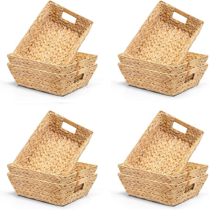 M4DECOR Set of 12 Water Hyacinth Wicker Storage Baskets for Shelves – Woven Snack Baskets for Organizing Pantry, Closet – Natural Storage Bins with Handles (12 Packs) by M4DECOR