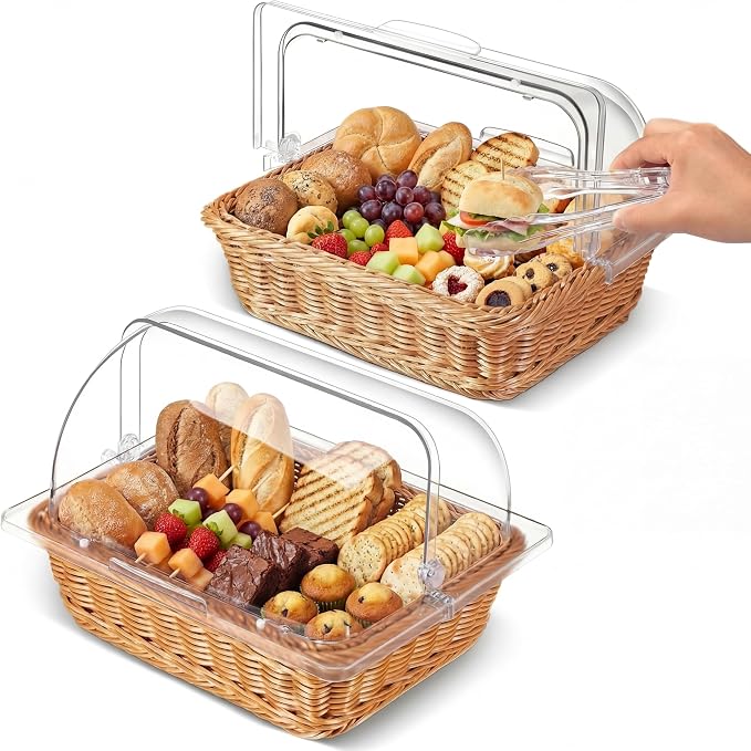 2 Set Wicker Bread Baskets for Serving with Clear Acrylic Roll Top Lid Woven Rattan Bread Basket Large for Fruit Food Picnic Summer Pool Party Outdoor BBQ(13.78 x 10.63 Inch,1 Compartment) by Ziliny
