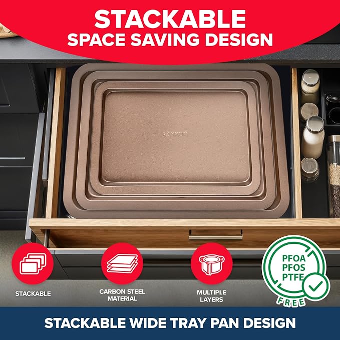 BAKKEN 3-Piece Kitchen Baking Pans - Small, Medium, and Large Cookie Pan, With Nonstick Coating, Stackable and Space-saving Design, PFOA, PFOS, PTFE Free, Oven Safe Tray (Up To 450°F), Brown - Image 4
