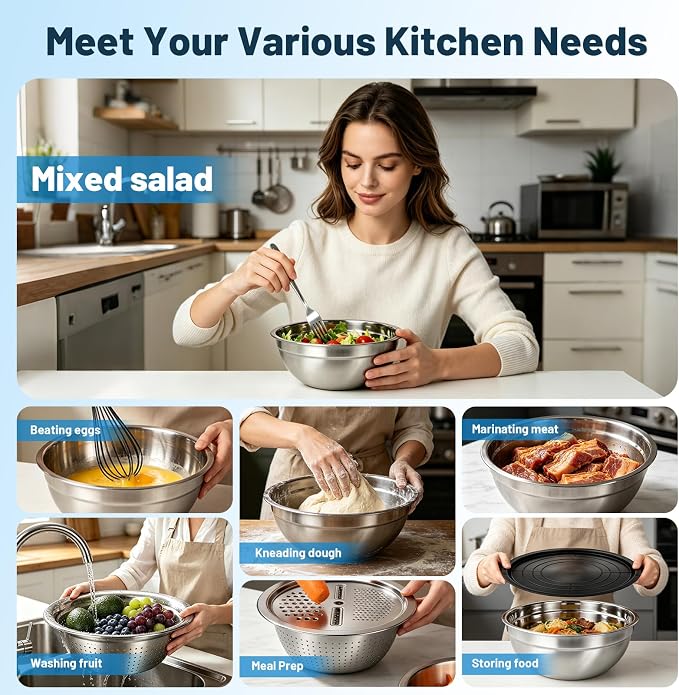 Stainless Steel Mixing Bowls with Lid and Colander Set | Size 6.3, 4.3, 3.6, 2.9QT,9Pcs Multipurpose Kitchen Metal Bowls with Grater,Colander,Egg Whisk,Separator for Baking Serving - Image 8