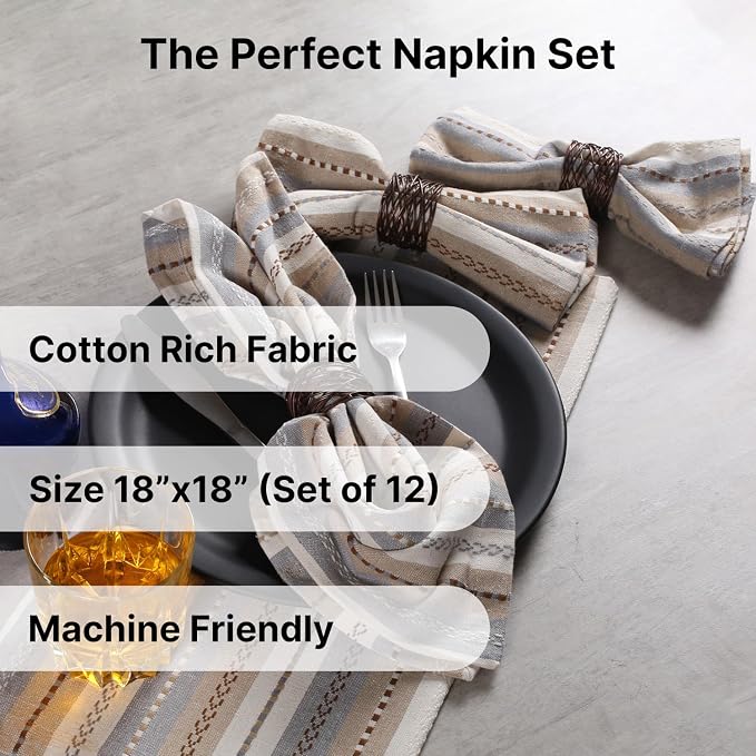 LFH Home Cotton Rich Cloth Salsa Napkin Set of 12 Washable Soft Durable Striped Table Napkins for Dining Wedding Daily Use Reusable Eco-Friendly Fabric Napkins (18x18)-Cream Multi Thanks Giving - Image 2