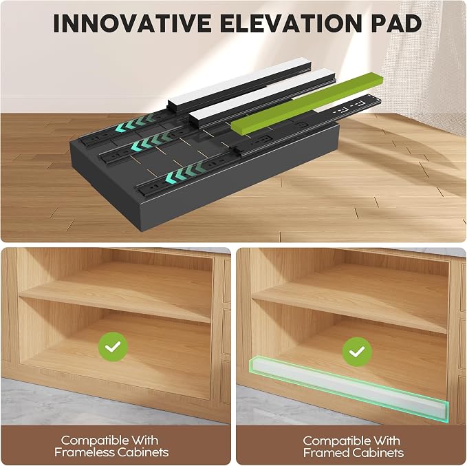 Seinloes 2 Pack Pull Out Cabinet Organizers 21" Deep With Raising Pad for Framed Cabinets, Expandable Width (9"-14") Slide Out Drawers Upgrade 3 Slide Rails, Roll Out Shelves Adhesive, Black - Image 2