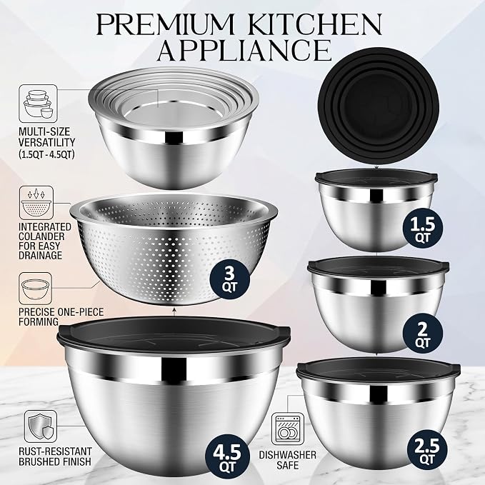 DUTZUN Mixing Bowls with Lids Set, Stainless Steel Mixing Bowls with Colander, Strainer with Mixing Bowl Set, Serving Bowl Kitchen Gift, Size 4.5, 2.5, 2, 1.5QT - Black - Image 2
