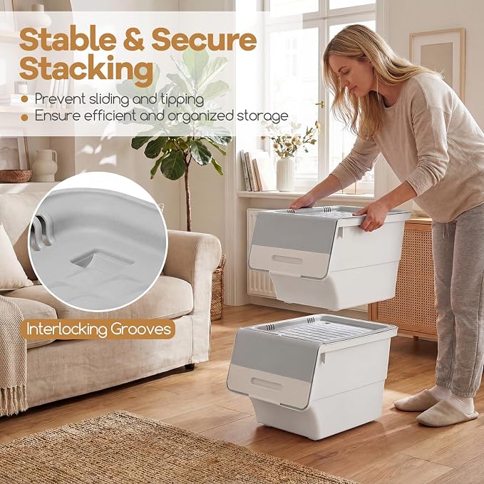 GIANTEX 3 Pack Plastic Stackable Storage Bins with Lids & Wheels, 12.5 QT | Open Front Stacking Bins, Organizer Bins for Pantry, Kitchen, Laundry, Closet, Playroom, Bedroom Organization - Image 6