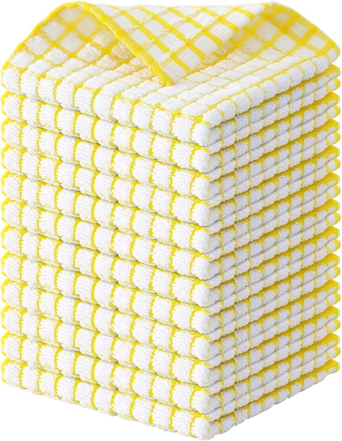 Kitinjoy Cotton 12 Pack Terry Kitchen Dish Cloths, Yellow | 12 x 12 Inches Super Soft and Absorbent Dish Rags, Quick Drying Dish towels for Washing Dishes by Kitinjoy