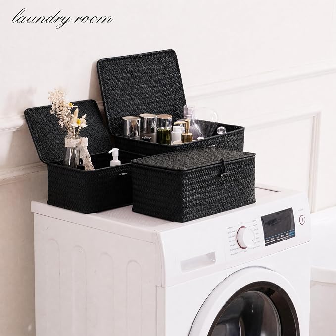 Nonam Storage Basket with Lid, Natural Seagrass Bin with Lid Set of 3, Shelf Baskets Multipurpose Container for Boho Decoration, Rectangular Household Storage Boxes for Home Organization-Black - Image 3
