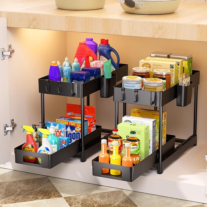 2 Pack Under Sink Organizer with Sliding Storage Drawer, 2 Tier Under Sink Organizers and Storage with 8 Hooks and 2 Hanging Cups, Multi-purpose Under Sink Storage for Kitchen Bathroom Cabinet, Black - Image 2